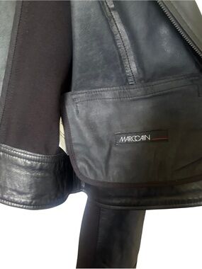Marc Cain Luxury Black Genuine Leather & Knit Panel Zip-Up Jacket